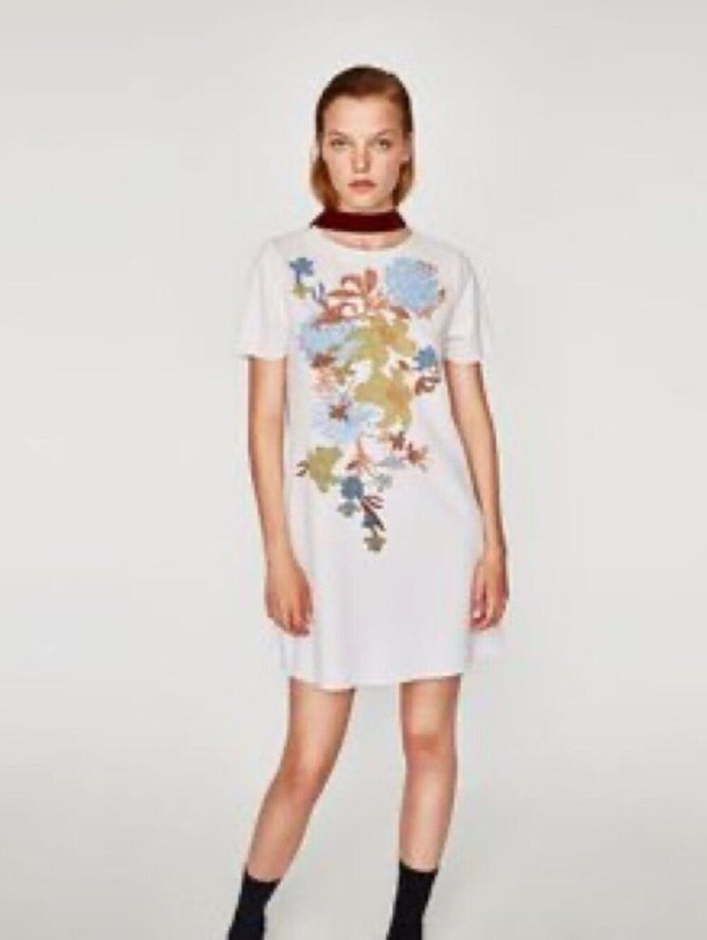 Zara Women's White Floral Print T-Shirt Dress Short Sleeve Shift Mini Dress - L